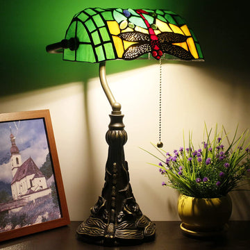Werfactory® Banker Lamp Tiffany Desk Lamp Dragonfly Style Stained Glass Table Lamp, 15" Tall
